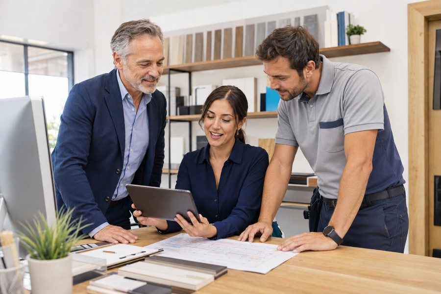 Equipo comercial y técnico revisando un presupuesto con un cliente